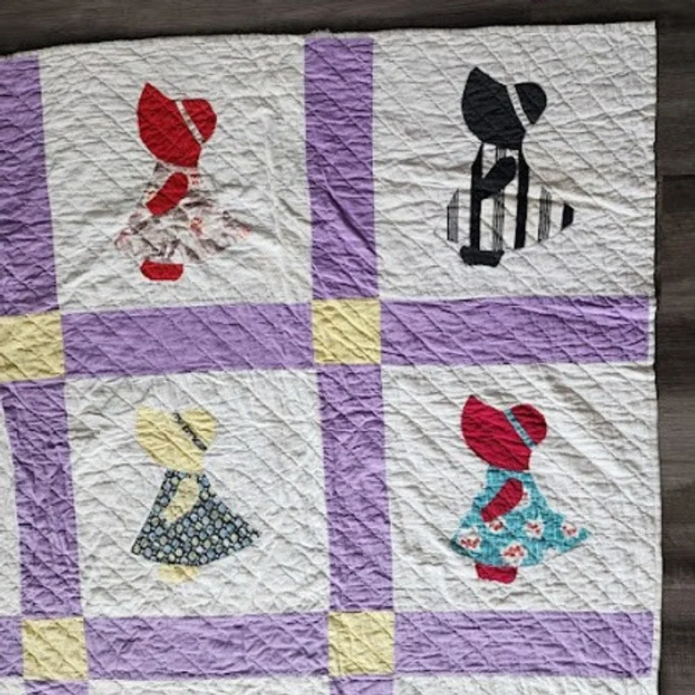 VINTAGE Sunbonnet Sue Quilt Hand Applique Twin 67x83 Purple Yellow Calico Folk